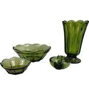 LOT Vintage Avocado Green Glass Vase & Bowls