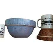 Pottery Mixing Bowls Blue Brown Glazed + Avilla HS 1950s Mugs