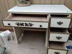 French Provincial Desk Cream Gold Tone Painted + Metal Trash Can