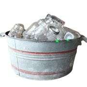 Large Galvanized Metal Tub Wood Handle Red Striped Clear Canning Jars