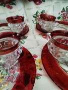 2 Vintage Snack Sets Glass Party Plates Cups Ruby Thumbprint Flash