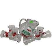 MCM Clear Glass Pitcher W/Cherries & 8 Juice Glasses
