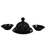 Vintage Tiara Glass Black Covered Dish & Candlestick Holders