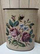 French Provincial Desk Cream Gold Tone Painted + Metal Trash Can