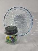Bright Blue Glass Bowl & Jar of Marbles Unsorted