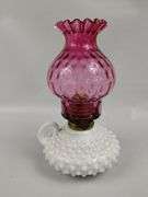 Antique Ruby Glass Milk Hobnail Oil Lamp Fenton? Thumbprint