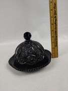 Vintage Tiara Glass Black Covered Dish & Candlestick Holders
