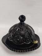 Vintage Tiara Glass Black Covered Dish & Candlestick Holders