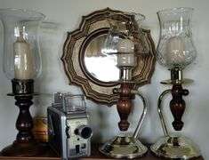 Vintage Kodak Brownie Camera + Wood Brass Candlesticks + Shelf