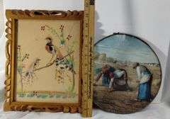 Antique Framed FeatherCraft Birds Round Print The Gleaners