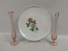 Vintage Fire King Rose Plate + 2 Pink Bud Vases