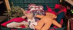 Bin with Christmas Decor Santa Wreath Throws