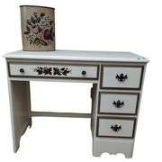 French Provincial Desk Cream Gold Tone Painted + Metal Trash Can