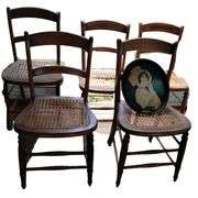 5 Antique Cane Seat Chairs + Coca Cola Coke Tray