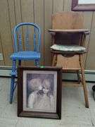 LOT Wooden Vintage Highchair Blue Chair Margaret Keane Picture