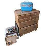 Small Dresser Socialite Blue Train Case + Lot of Picture Frames