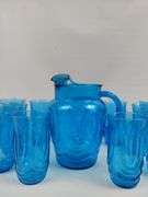 Anchor Hocking Blue Glasses Pitcher Tumblers MCM Set