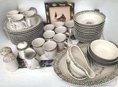 Vintage Christmas Snowman Stoneware Dish Set & Corelle Bowls