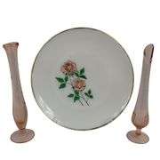 Vintage Fire King Rose Plate + 2 Pink Bud Vases