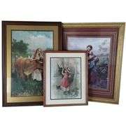 Beautiful Framed Wall Art Prints Milk Maid Shepherd Donkey Country Girls