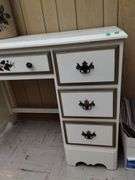 French Provincial Desk Cream Gold Tone Painted + Metal Trash Can