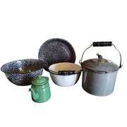 LOT Vintage Enamelware Speckled Bowl Crocks Blue Tokoyo