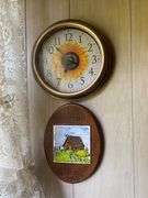 LOT Antique Wooden Side Table Vtg Wall Shelf Hooks Sunflower Clock