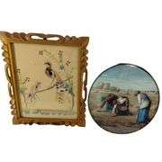 Antique Framed FeatherCraft Birds Round Print The Gleaners