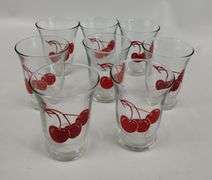 MCM Clear Glass Pitcher W/Cherries & 8 Juice Glasses