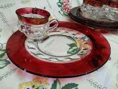 2 Vintage Snack Sets Glass Party Plates Cups Ruby Thumbprint Flash