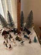 LOT Christmas Village Trees People Figures John Deere Accessory
