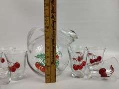 MCM Clear Glass Pitcher W/Cherries & 8 Juice Glasses