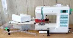 Janome DC2010 Sewing Machine Fiskars Clear Table + Orange Chair