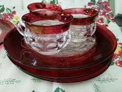 2 Vintage Snack Sets Glass Party Plates Cups Ruby Thumbprint Flash