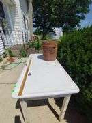 Vintage Table Metal Tabletop Wooden Legs + Rusty Potato Chip Can