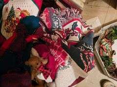 Bin with Christmas Decor Santa Wreath Throws