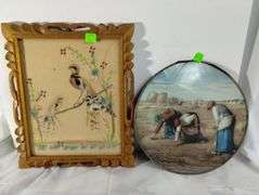 Antique Framed FeatherCraft Birds Round Print The Gleaners