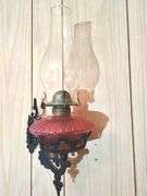 Antique Pink Glass Oil Lamp Cast Iron Wall Bracket Swing Arm Holder