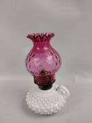 Antique Ruby Glass Milk Hobnail Oil Lamp Fenton? Thumbprint