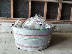 Large Galvanized Metal Tub Wood Handle Red Striped Clear Canning Jars