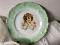 Vintage Milk Glass Dishes & Carlsbad Austria Plate Green Rim Young Girl
