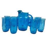 Anchor Hocking Blue Glasses Pitcher Tumblers MCM Set