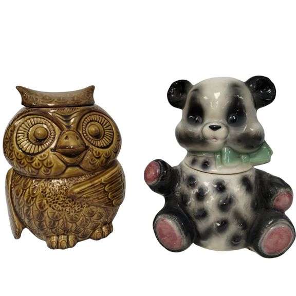 Panda Teddy Bear & MCM Owl Cookie Jar McCoy Green Bow