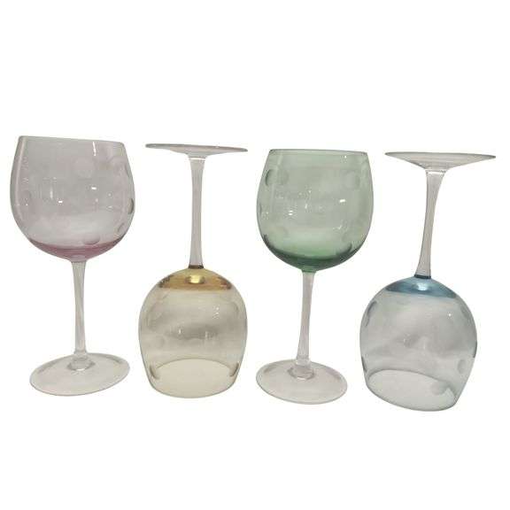 MCM Multi Color Wine Glasses Goblets Hand Cut Dots