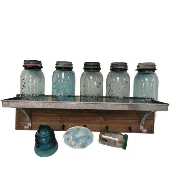 Rustic Shelf Vintage Blue Ball Jars Galvanized Porcelain Lids & More LOT