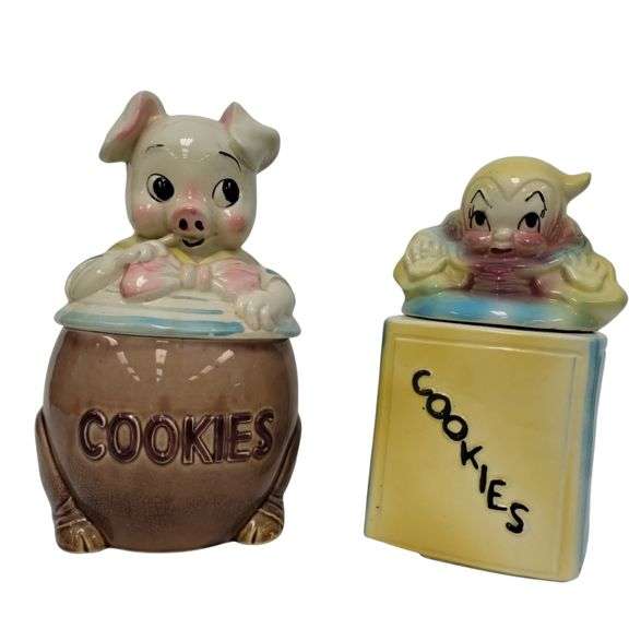 2 Vintage Cookie Jars American Bisque Jack in the Box Pig Sealy?