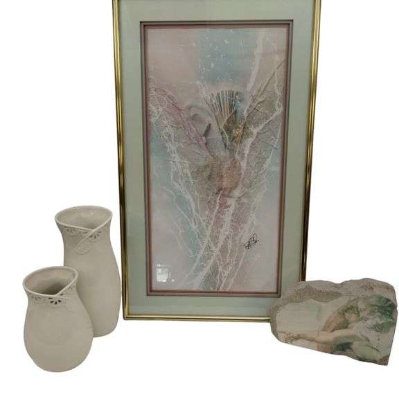 Michelangelo Sistine Chapel Hand of God Heavy Sand Rock + Vases 1980s Wall Art