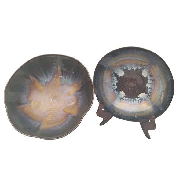 Studio Pottery Art Drip Bowls Blue Pink Brown