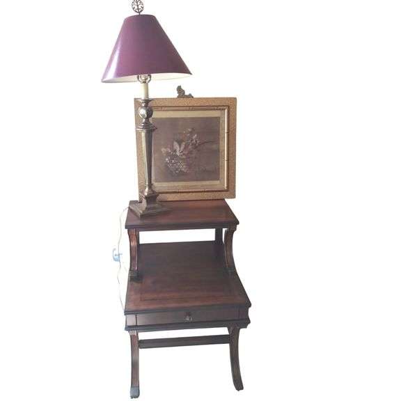 Mid-Century Style Wooden End Table Asian Style Wall Art Brass Lamp