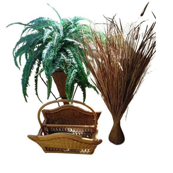 Two Faux Plants Fern & Rattan Magazine Rack Coastal Decor